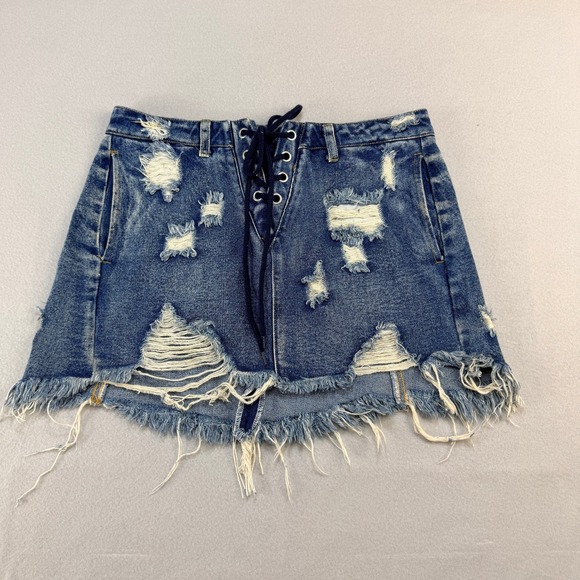 Signature 8 Dresses & Skirts - Signature 8 Distressed Denim Mini Skirt Medium Wash Lace Up Front Sz M GrungeY2K